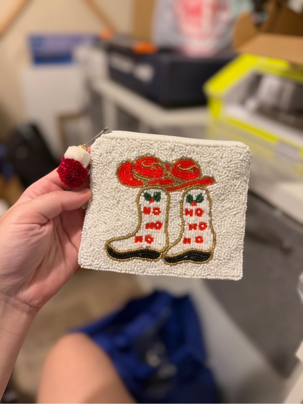Beaded White Cowboy Boot Coin Purse with Red Accents